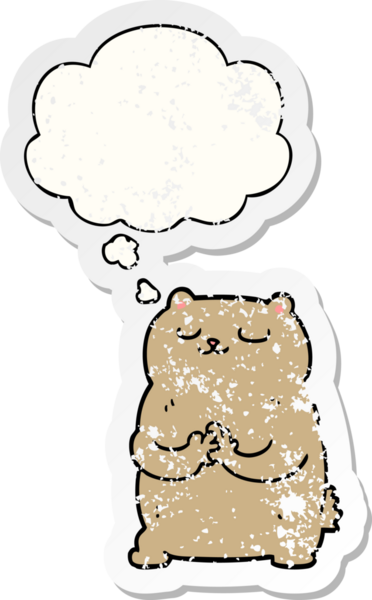 Düşünce baloncuğu olan çizgi film ayısı bir insan tarafından çizilmiş yıpranmış bir çıkartma.