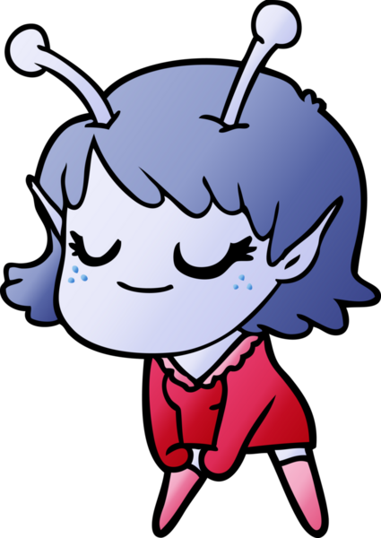 Bir insan tarafından çizilmiş gülümseyen uzaylı kız çizgi filmi.