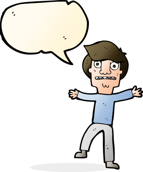 Bir insan tarafından çizilen konuşma baloncuğuyla panikleyen çizgi film çocuğu.