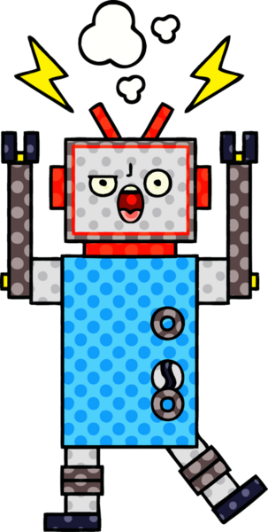 Bir insan tarafından çizilmiş bozuk bir robotun çizgi romanı.