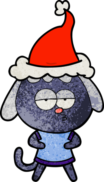 Bir insan tarafından çizilmiş Noel Baba şapkası giymiş sıkılmış bir köpeğin el çizimi karikatürü.