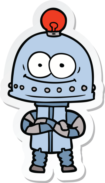 Bir insan tarafından çizilmiş mutlu bir karton robotun çıkartması.