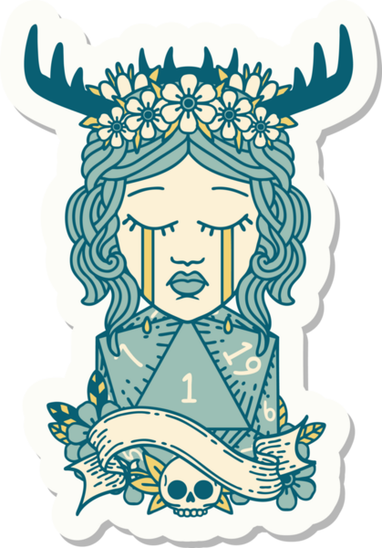 Ağlayan insan bir Druid 'in çıkartması. Bir insan tarafından çizilmiş doğal bir D20 rulosu.