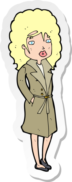 Bir insan tarafından çizilmiş trençkotlu bir karikatür kadının çıkartması.