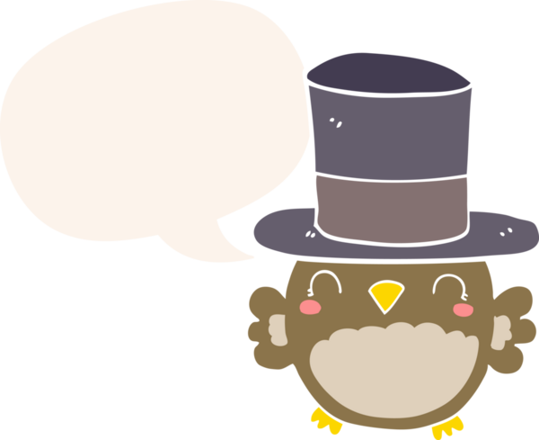 Bir insan tarafından çizilmiş eski tarz konuşma baloncuğu olan silindir şapkalı bir baykuş.