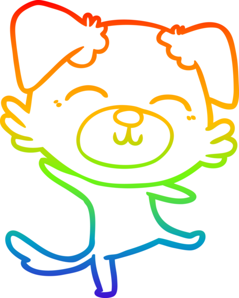 Gökkuşağı gradyan çizgi çizimi bir insan tarafından çizilmiş mutlu bir dans yapan bir köpek.