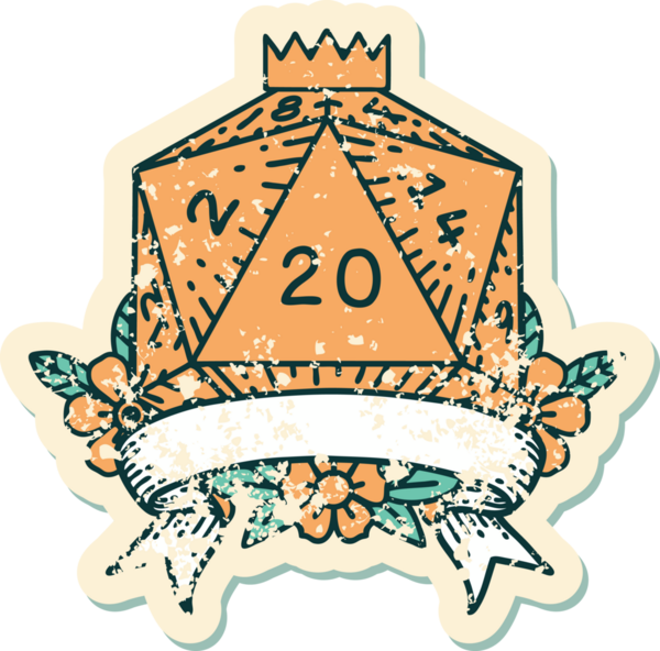 Retro Dövme Biçimi Doğal 20 kritik vuruş D20 zar bir insan tarafından çizildi