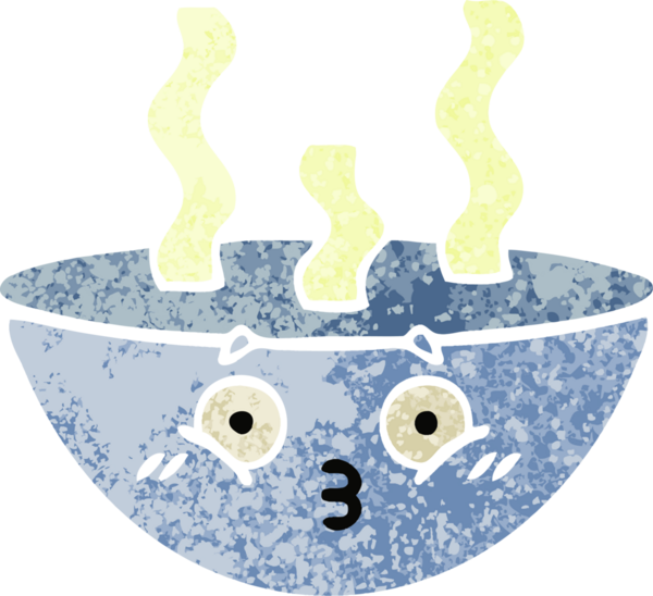 Bir insan tarafından çizilmiş sıcak bir çorba kasesinin retro çizim tarzı karikatürü.