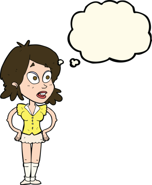 Bir insan tarafından çizilmiş düşünce baloncuğu olan elleri kalçasında çizgi film kadını.