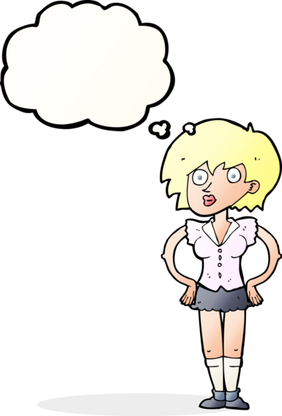 Bir insan tarafından çizilmiş düşünce baloncuğu olan elleri kalçasında bir karikatür kadını şaşırttı.