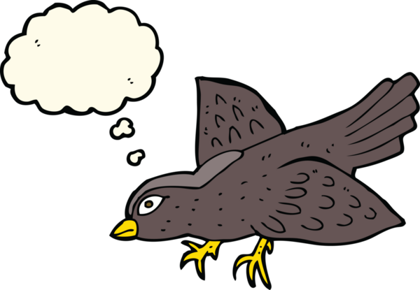 Bir insan tarafından çizilmiş düşünce baloncuklu çizgi film kuşu.