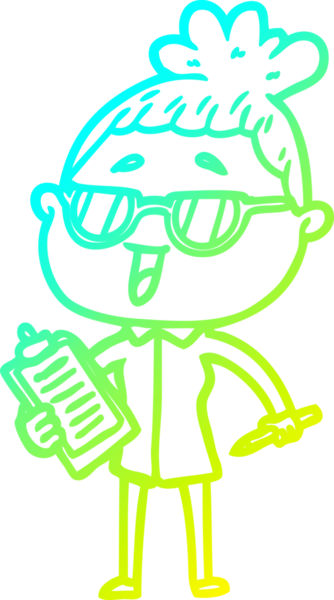 Bir insan tarafından çizilmiş gözlük takan mutlu bir kadının çizgi film çizimi.