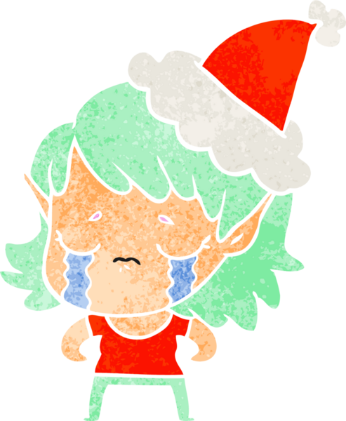 Bir insan tarafından çizilmiş Noel Baba şapkası giymiş ağlayan bir elf kızının el çizimi karikatürü.