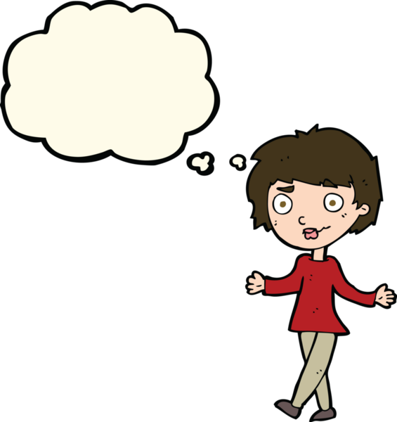 Bir insan tarafından çizilmiş düşünce baloncuğu olan kafası karışık bir kadın çizgi filmi.