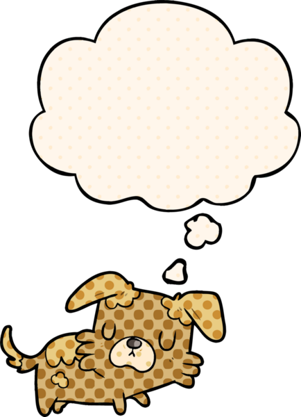 Çizgi roman tarzında bir insan tarafından çizilmiş düşünce balonu olan çizgi film köpeği.