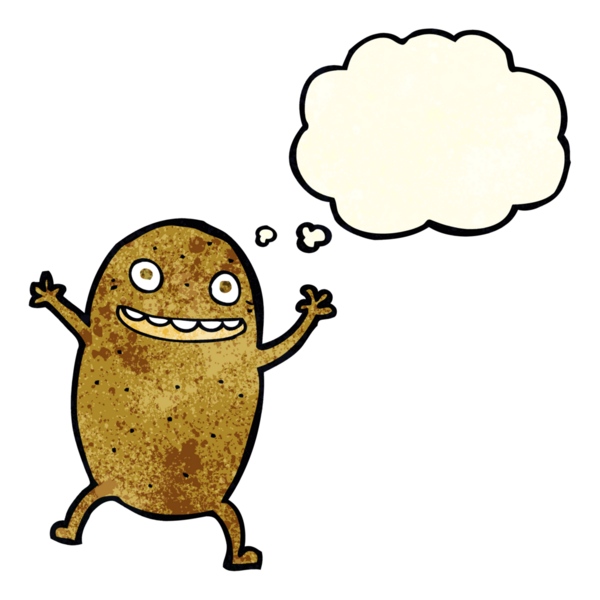 Bir insan tarafından çizilmiş düşünce baloncuklu mutlu patates çizgi filmi.