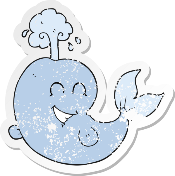 Bir insan tarafından çizilmiş suyu püskürten karikatür balinasının geriletilmiş yapıştırması.