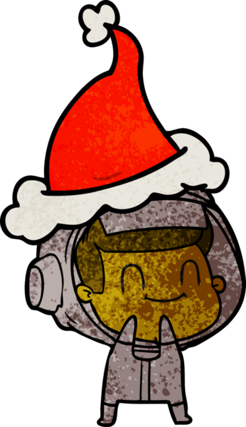 Bir insan tarafından çizilmiş Noel Baba şapkası giymiş bir astronotun çizilmiş mutlu el çizimi karikatürü