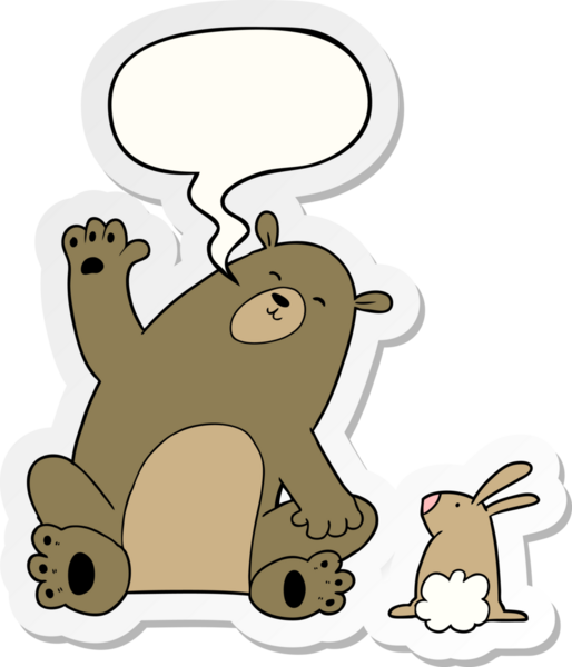 Bir insan tarafından çizilmiş konuşma balonu çıkartmalı çizgi film ayısı ve tavşan arkadaşları.