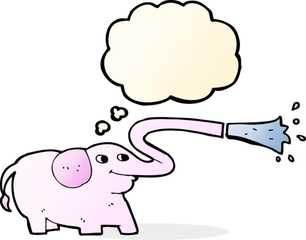 Bir insan tarafından çizilmiş düşünce baloncuğuyla su fışkırtan çizgi film fili.