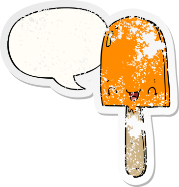 Karikatür buz lolipopu, konuşma baloncuğu bir insan tarafından çizilmiş sıkıntılı eski bir çıkartma.