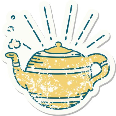 Bir insan tarafından çizilmiş eski dövme stili buharlı çaydanlık etiketi.