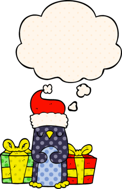 Bir insan tarafından çizilmiş çizgi roman tarzında düşünce baloncuğu olan şirin bir Noel pengueni.