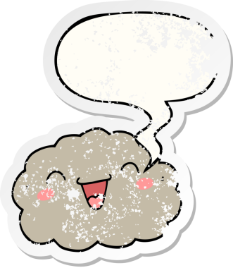 Mutlu karikatür bulutu konuşma baloncuğu bir insan tarafından çizilmiş sıkıntılı eski bir çıkartma