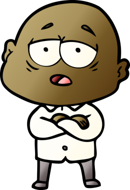 Bir insan tarafından çizilmiş yorgun, kel bir adam.