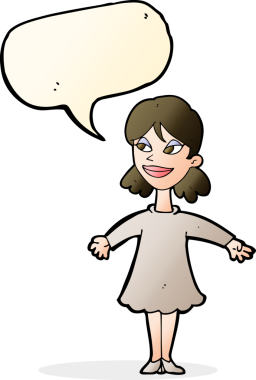 Bir insan tarafından çizilmiş konuşma balonlu açık kollu çizgi film kadını.