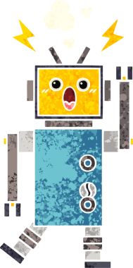 Bir insan tarafından çizilmiş arızalı bir robotun retro çizim tarzı karikatürü