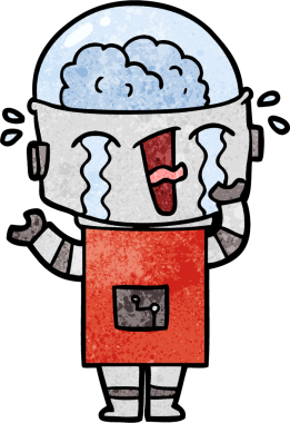 Bir insan tarafından çizilmiş ağlayan robot çizgi film.