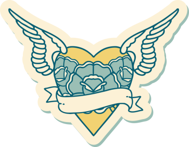 Geleneksel kalp stili dövme çıkartması. Kanatları, çiçekleri ve insan sancağıyla çizilmiş.