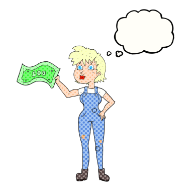 Serbest çizim düşünce balonu karikatürü. Kendine güveni olan, bir insan tarafından çekilen paralı bir çiftçi kadın.