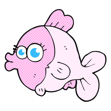 Bir insan tarafından çizilmiş büyük, güzel gözleri olan çizgili karikatür balığı.