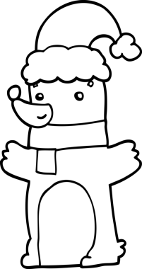 Bir insan tarafından çizilmiş Noel şapkası takan çizgi film ayısı.