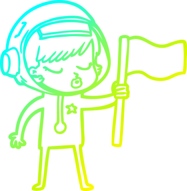 Bir çizgi film karakteri çizen soğuk gradyan güzel astronot kız bir insan tarafından çizilmiş bayrak dikiyor.