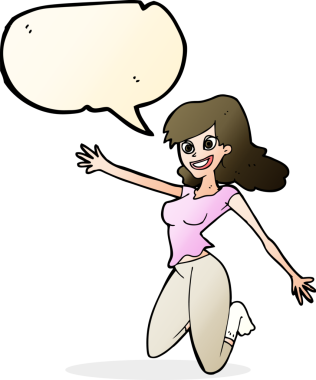 Bir insan tarafından çizilmiş konuşma balonlu zıplayan kadın.