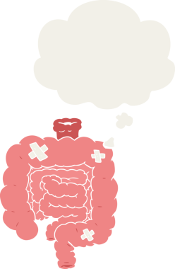 Karikatür, insan tarafından çizilmiş düşünce baloncuklarıyla bağırsakları onardı.