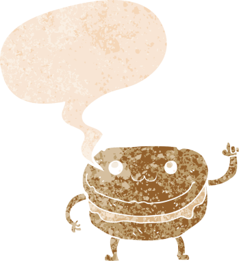 Bir insan tarafından çizilmiş grunge sıkıntılı retro biçimli pasta karakteriyle pasta sallayan çizgi film karakteri