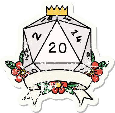 Bir insan tarafından çekilen 20 kritik vuruşluk D20 zar atımının grunge çıkartması.