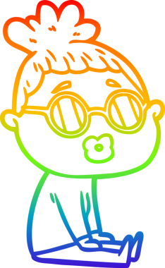 Bir insan tarafından çizilmiş gözlüklü, oturan bir kadının çizimi.