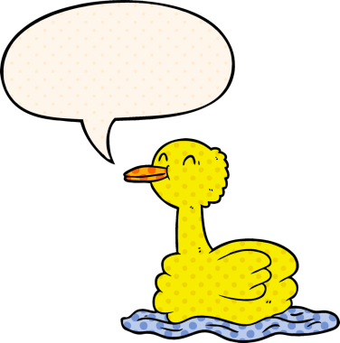 Bir insan tarafından çizilmiş çizgi roman tarzında konuşma balonuyla yüzen ördek.