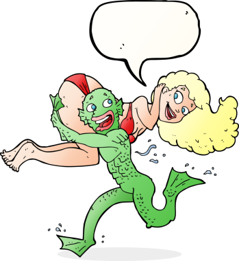 Bir insan tarafından çizilmiş konuşma balonlu bikinili kızı taşıyan bataklık canavarı.