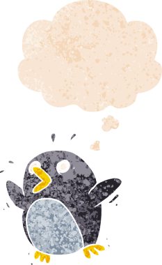 Düşünce baloncuğu olan karikatür korkmuş penguen dertli eski moda bir insan tarafından çizilmiş.