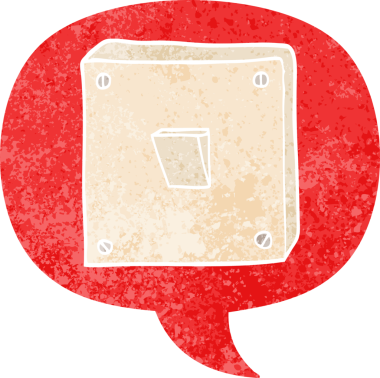 bir insan tarafından çizilmiş grunge sıkıntılı retro biçimli konuşma baloncuklu çizgi film ışığı anahtarı