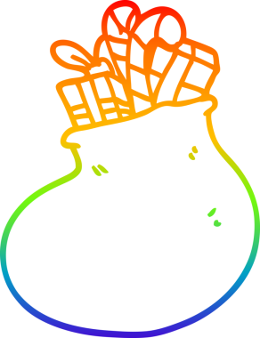 Gökkuşağı gradyan çizgisi bir insan tarafından çizilmiş bir karikatür çanta dolusu noel hediyesi.