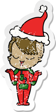 Mutlu el çizimi, uzay giysili bir kızın insan tarafından çizilmiş Noel Baba şapkası giydiği karikatür.