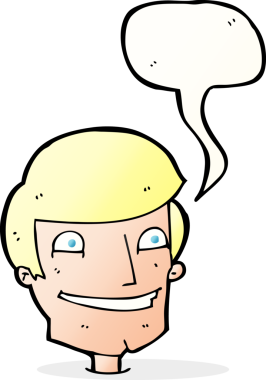 Bir insan tarafından çizilmiş konuşma balonuyla sırıtan çizgi film adamı.