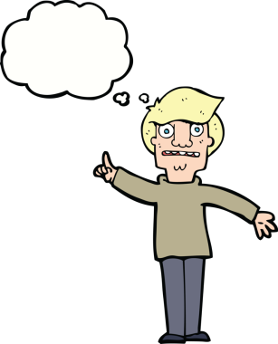 Çizgi filmci bir insan tarafından çizilmiş düşünce baloncuğuyla soru soruyor.